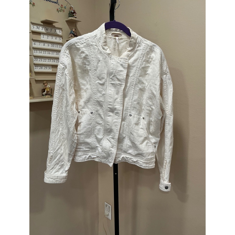 Free People Bomber Jacket S Cream Textured Distressed Cotton Zip Snap Mock Neck